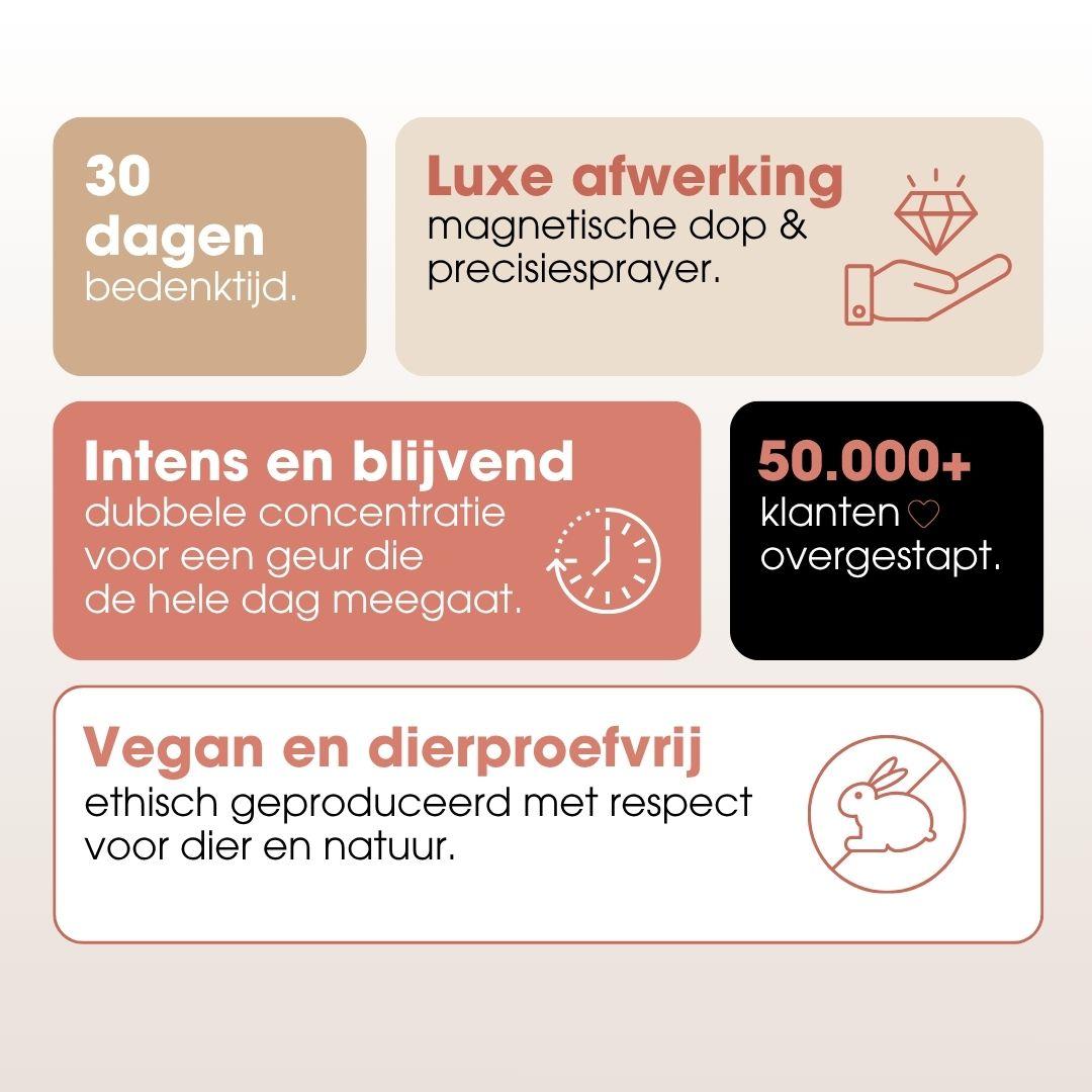 30 dagen bedenktijd. Luxe afwerking: magnetische dop en precisiesprayer. Intens en blijvend: dubbele concentratie voor een geur die de hele dag meegaat. 50.000+ klanten overgestapt. Vegan en dierproefvrij: ethisch geproduceerd met respect voor dier en natuur.