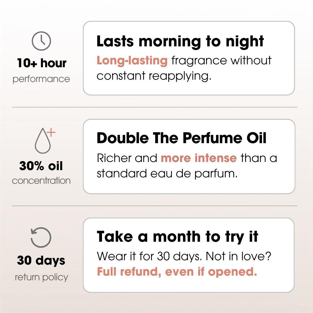 10+ hour performance, 30% oil concentration, 30 days return policy. Lasts morning to night: long-lasting fragrance without constant reapplying. Double the perfume oil: richer and more intense than a standard eau de parfum. Take a month to try it: wear it for 30 days, not in love? Full refund, even if opened.