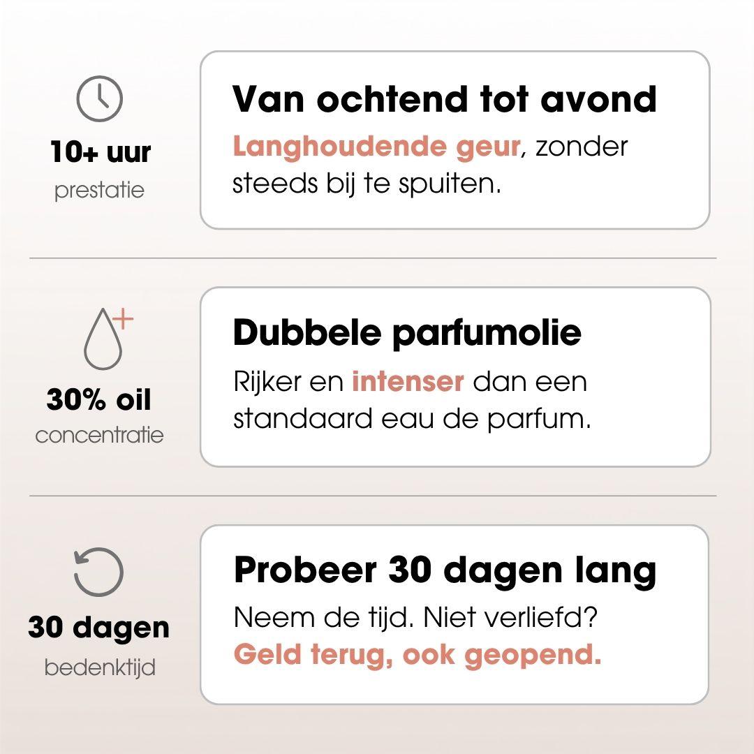 10+ uur prestatie, 30% oil concentratie, 30 dagen bedenktijd. Van ochtend tot avond: langhoudende geur, zonder steeds bij te spuiten. Dubbele parfumolie: rijker en intenser dan een standaard eau de parfum. Probeer 30 dagen lang: neem de tijd. Niet verliefd? Geld terug, ook geopend.